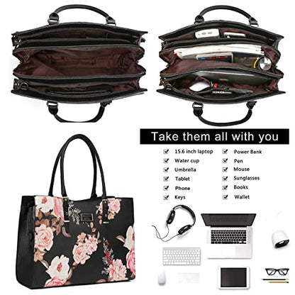 MOSISO Laptop Tote Bag for Women, 17-17.3 inch Laptop Bag | Compatible with MacBook HP Dell Acer Asus, Peony Waterproof PU Leather Work Tote Briefcase with Adjustable PU Handle, Black - size: 17.3 inch
