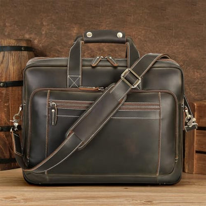 Polare 17" Full Grain Leather Laptop Briefcase Business Travel Laptop Carrying Case Shoulder Bag For Men Fits 17.3” Laptop - color: Dark Brown