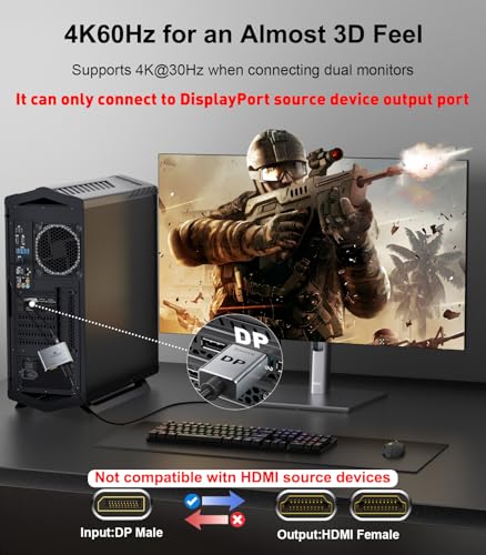 DisplayPort to Dual HDMI Adapter (4K@60Hz) DP to HDMI Splitter for Dual Monitors Extended Display MST Display Port 1 in 2 Out Hub for PC, Graphics Card