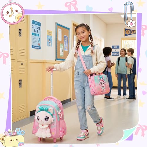 Meetbelify Rolling Backpack for Girls Backpacks with Wheels for Elementary Student Kids School Travel Bag for Girls Ages 6-8 Years Old - color: Pink