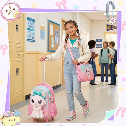 Meetbelify Rolling Backpack for Girls Backpacks with Wheels for Elementary Student Kids School Travel Bag for Girls Ages 6-8 Years Old - color: Pink