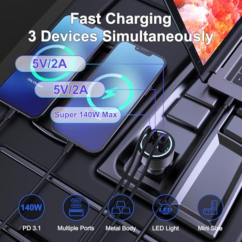 205W USB C Car Charger - 3-Ports, PD3.1 140W | PPS/QC3.0 Fast Charging, Type C Laptop Cigarette Lighter Adapter for MacBook Pro, iPhone 17/16 Pro Max