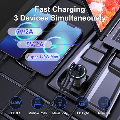 205W USB C Car Charger - 3-Ports, PD3.1 140W | PPS/QC3.0 Fast Charging, Type C Laptop Cigarette Lighter Adapter for MacBook Pro, iPhone 17/16 Pro Max
