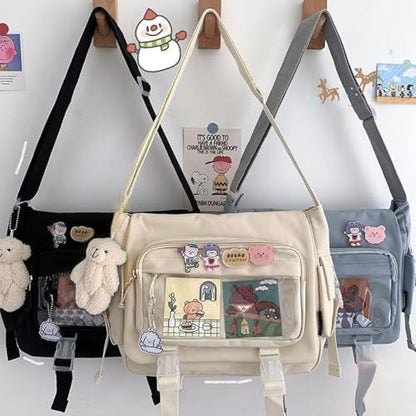 Kawaii Crossbody Ita Bag for Women with Pin & Plush Bear - Japanese Messenger Bags Y2K Shoulder Purse - color: A Beige