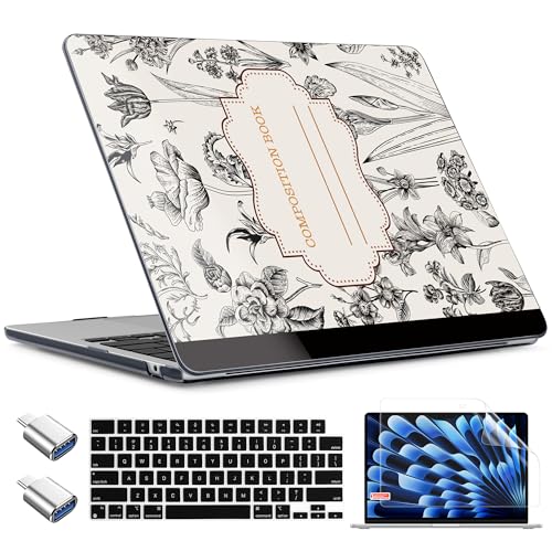 TWOLSKOO for MacBook Air 15 inch Case 2026 2025 2024 2023 Release M5 A3448 M4 A3241 M3 A3114 M2 A2941, Plastic Hard Shell & Screen Protector & Keyboard Cover & Type C Adapter, Retro Compostion Book - color: Retro Compostion Book