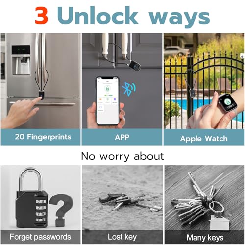 Fingerprint Cable Lock, Fridge Locks with Fingerprint Bluetooth APP Control, Smart Biometric Waterproof Child-Proof Refrigerator Lock for Kids & Adults Fridge French Door Cabinet Gate - color: Black