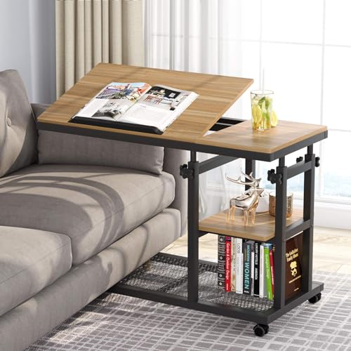 Tribesigns Height Adjustable C Table with Wheels, Mobile Couch Snack Side Table with Tiltable Drawing Board, Sofa Bedside Laptop Stand C Shaped TV Tray with Storage Shelves (Black+Oak) - color: Black+oak