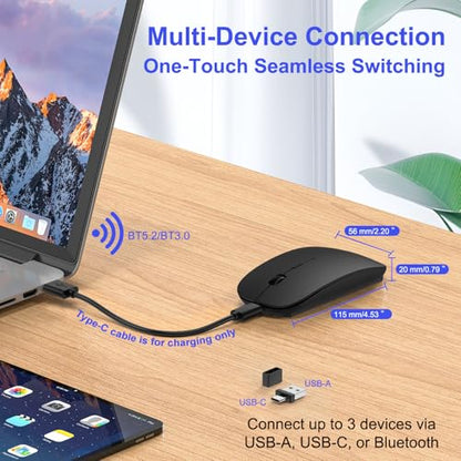 Bluetooth Wireless Mouse for MacBook Air Mac Pro iPad Laptop Computer Pad Optical Rechargeable Slim Silent Dual Mode (2.4G USB-C/USB-A&Bluetooth 5.2/3.0) Mouse Jiggler for Computer Awakening (Black) - color: Black