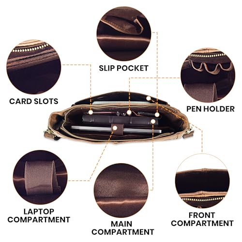 Genuine Leather Messenger Bag-16'' Satchel Shoulder Bag for Men & Women, Crossbody Work Bag for Travel, Office, and Daily Use - color: Brown
