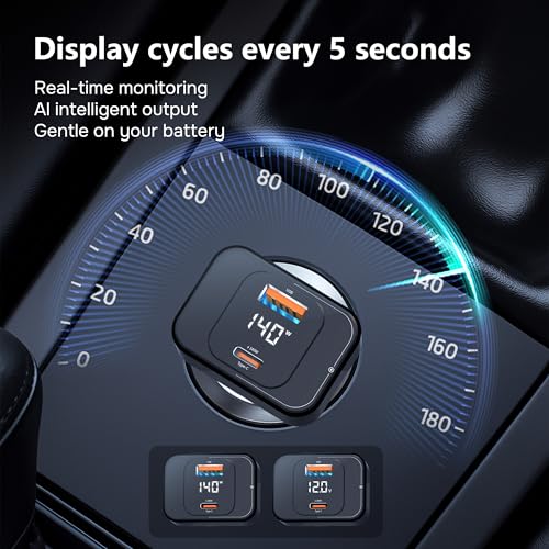 170W USB C Car Charger, Dual Port PD3.1 Adapter with LED Display & Cable | Dual Port Rapid Charging Hub (USB-C 140W, USB-A 30W), Cycling Data Monitor, Multi-Protection Chip, 3.3Ft 240W C to C Lead
