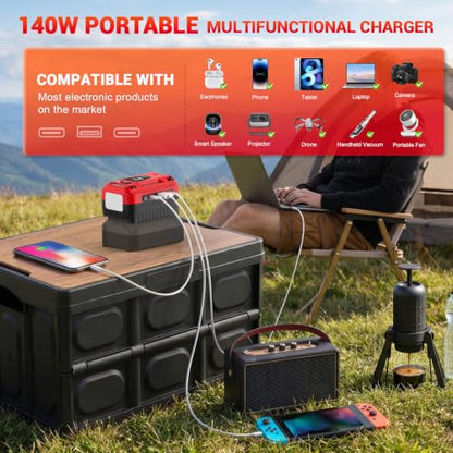 140W Fast Bidirectional Charger Compatible with Craftsman 20V Battery | Dual USB-C 140W Output, Single USB-A 18W Output, Maximum Output of 280W, 700LM LED Work Light & LED Display (No Battery) - color: crimson