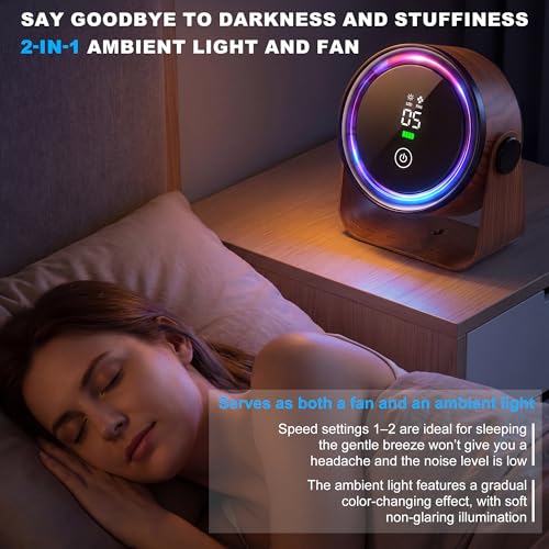 Small Desk Fan 5000mAh Rechargeable Battery – Retro Low Noise Portable Table Fan with 5 Speeds, 360° Rotation, LED Night Light – Perfect for Office Bedroom Kitchen Dorm Camping Wall Mountable-Walnut - color: Walnut