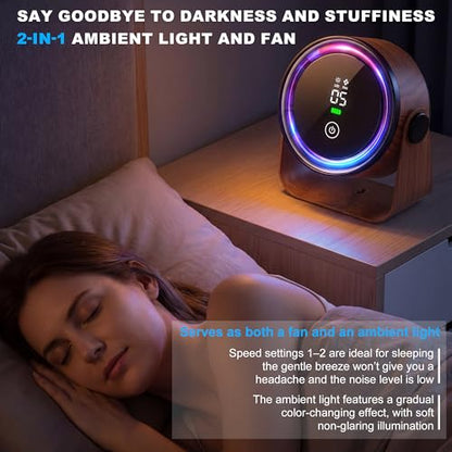 Small Desk Fan 5000mAh Rechargeable Battery – Retro Low Noise Portable Table Fan with 5 Speeds, 360° Rotation, LED Night Light – Perfect for Office Bedroom Kitchen Dorm Camping Wall Mountable-Walnut - color: Walnut