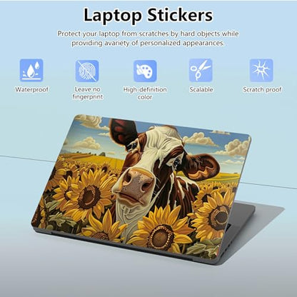 Universal Laptop Skin Sticker with 2 Wrist Pad Skins, Waterproof Scratch Resistant Vinyl Laptop Cover Decal, Cut to Fit for 11–15.6 Inch MacBook HP Dell Lenovo, Cow Sunflowers - color: Cow Sunflowers