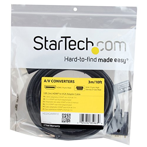 StarTech 10ft Active HDMI to VGA Cable, 1920 x 1200, 1080p (HD2VGAMM10) | Active HDMI to VGA monitor and computer cable, 3m, Built-in cable, Digital to analog conversion, Connect at greater distances - size: HDMI to VGA Cable - 10ft / 3m