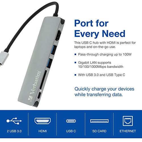 Verbatim 6-in-1 USB C Hub w/Dongle - USB Hub for Laptop w/ 2 USB 3.0, SD Card Reader, 4K HDMI, Ethernet, Compact & Portable USB-C Hub - color: 6 in 1 Hub Dongle