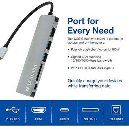 Verbatim 6-in-1 USB C Hub w/Dongle - USB Hub for Laptop w/ 2 USB 3.0, SD Card Reader, 4K HDMI, Ethernet, Compact & Portable USB-C Hub - color: 6 in 1 Hub Dongle