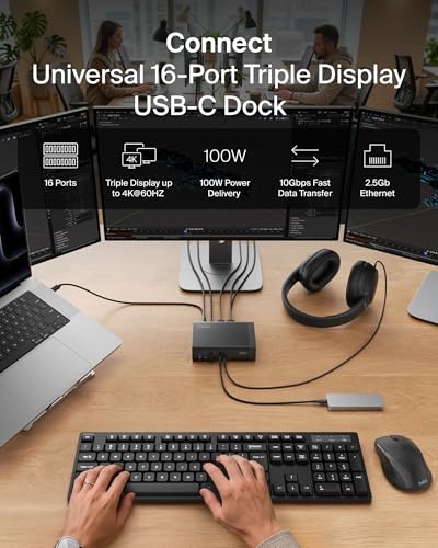 Belkin Connect 16-in-1 Docking Station 100W, Triple Display USB C Dock w/ 4K@60Hz Support, DisplayLink Technology - USB C Dock w/ 10Gbps Data Transfer, 2.5Gb Ethernet Port - Laptop Expansion Hub - style: 16-in-1, Triple Display, 100W