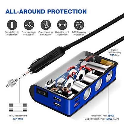 OOWOLF 7 in 1 180W Quick Charge 3.0 Cigarette Lighter Adapter, with Cigarette Lighter Function, for 12V-24V Car, 3-Socket Splitter, 4 USB Ports Car Power Adapter for GPS, Dash Cam, Phone, Tablet etc - color: BLACK-BLUE