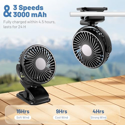BDXXJ Portable Clip on Fan, 360° Rotate Battery Operated Stroller Fan, 3 Speed Quiet Mini Personal Table Fan, USB Rechargeable Clooing Fan for Outdoor Camping Golf Cart Stroller Home Office Black