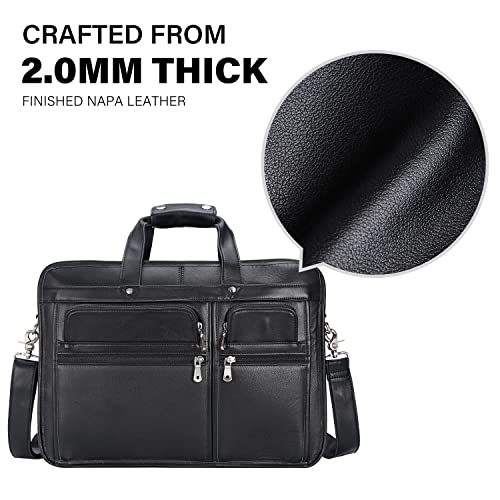 Men's Full Grain Leather Briefcase Large 17 Inch Business Travel Laptop Messenger Bag Tote with YKK Metal Zippers - color: Black