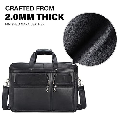 Men's Full Grain Leather Briefcase Large 17 Inch Business Travel Laptop Messenger Bag Tote with YKK Metal Zippers - color: Black