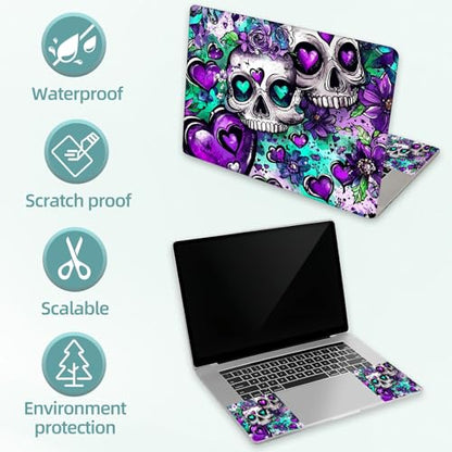 Universal Laptop Skin Decal, 3-Piece Vinyl Protector for 12 13 14 15.6" Notebook, Waterproof Anti-Scratch, Easy Trim & Bubble-Free Finish, Skull with Purple Flowers - color: Skull with Purple Flowers