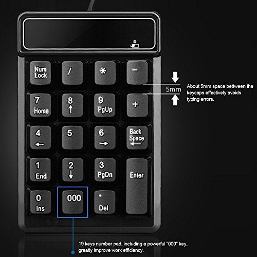 Numeric Keypad, Mechanical Feel USB Number Pad with 000 Key for Accounting, Data Entry & Excel, Wired 19 Key Pad for Laptop, Desktop, Plug and Play