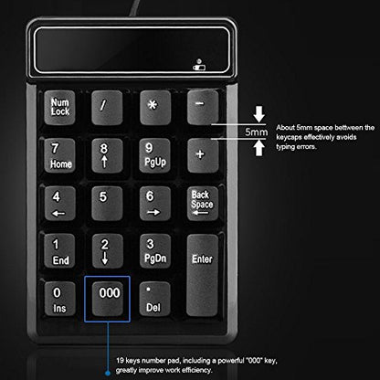 Numeric Keypad, Mechanical Feel USB Number Pad with 000 Key for Accounting, Data Entry & Excel, Wired 19 Key Pad for Laptop, Desktop, Plug and Play