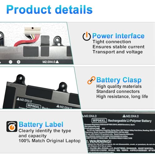 76Wh WP06XL M73470-005 Laptop Battery Replacement for Hp EliteBook 830 835 840 845 860 865 G9 G10 ZBook Firefly 16 G9 G10 EliteBook 865 G11 Series HSTNN-IB9Z M64306-1C1 - size: 13.97*4.52*0.39inch WP06XL