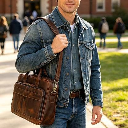 Leather Laptop Bag for Men Briefcase Fits 15.6 Inch Notebook Portable Shoulder Messenger Crossbody Bag for Travel Office - color: Dark Brown