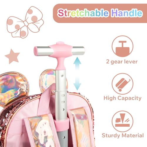 Kids Rolling Big Ears Backpack for Girls Sequins Trolley Suitcases Luggage Travel with Wheels Bookbag Wheeled 17" Roller Backpacks Set Toddler Back Pack School Bags for Elementary Champagne - color: 5315-miqi-champagne