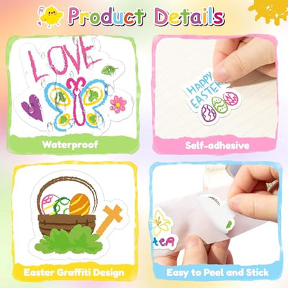 Haooryx Easter Graffiti Sticker Rolls - 1000Pcs Religious Drawn He is Risen Sticker Self Adhesive Vinyl Waterproof Water Bottle Laptop Easter Basket Stuffers Egg Filler Birthday Party Favor Supplies - style: Easter Religious Graffiti
