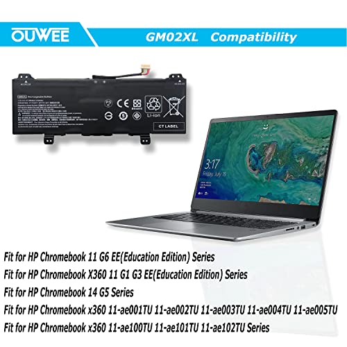 GM02XL 917725-855 Laptop Battery Compatible with HP Chromebook 14 G5 G6 Chromebook X360 11 G1 G6 EE Chromebook 11 G6 G7 EE Series Notebook HSTNN-DB7X 917679-271 HSTNN-UB7M 7.7V 47.3Wh 6150mAh - size: 9.84*3.74*0.39 inch GM02XL