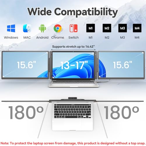 KEFEYA 15.6" Laptop Screen Extender, 1 Cable Connect, Triple Laptop Monitor Extender with Magnetic Power Bank, 1080P FHD Monitor for Laptop, Compatible with Mac, Windows, Android for 13-17" Laptops