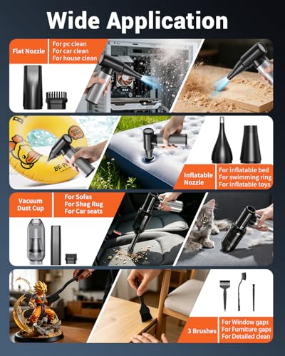 Compressed Air Duster & Vacuum, 320000RPM Rechargeable Electric Blower | Ergonomic Aluminum Alloy Grip, Brushless Motor, 3-Gear Adjustable Dust Blower for Keyboard, PC, Car, Home, outdoor Cleaning