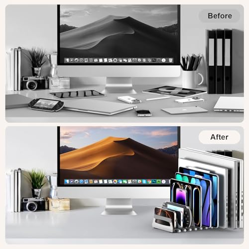 10-Slot Vertical Laptop Stand & Holder – Adjustable Aluminum Laptop Stand Vertical for Desk Fits 10 Devices, MacBook & Gaming Laptops (Up to 17.3”) – Space Saving Laptop Storage Rack - Grey - size: 10 - Slot