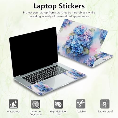 Laptop Skin Sticker Decal, Universal Reusable Vinyl Laptop Cover for 12" 13" 13.3" 14" 15" 15.4" 15.6" Notebook PC, Reusable Waterproof Scratch-Resistant with 2 Wrist Pads,Blue Hydrangea Flowers - color: Blue Hydrangea Flowers