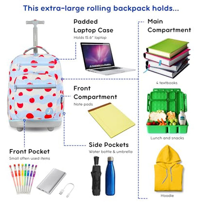 J World Sundance Laptop Rolling Backpack for Girls Boys. Roller Bookbag with Wheels, 20 Inch, Floating Apple - color: Floating Apple