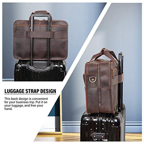 Men's Full Grain Leather Briefcase Large 17 Inch Business Travel Laptop Messenger Bag Tote with YKK Metal Zippers - color: Dark Brown