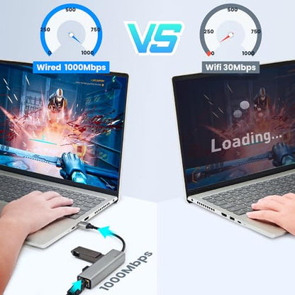 USB 3.0 Hub with Ethernet Adapter - 1GB RJ45, USB A to Ethernet, Compatible with Windows, Mac OS, Linux - color: USB A GRAY
