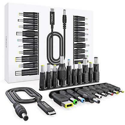 19pcs Laptop Adapter Kit for Crave PowerPack [USB-C to DC Cable + 19 adapters] for Acer, Asus, Lenovo, Fujitsu, Toshiba, DELL, HP, Compaq, Samsung, BenQ, Sony, IBM