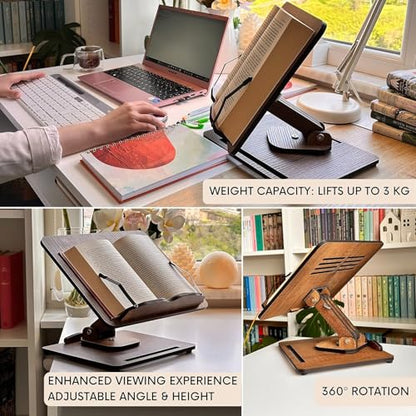 Vigo Wood Book Stand for Reading 360° Adjustable, Wooden Laptop Stand, Cookbooks Holder, Music Scores, Featuring Multi-Height Angles and Foldable Design with Page Clips.