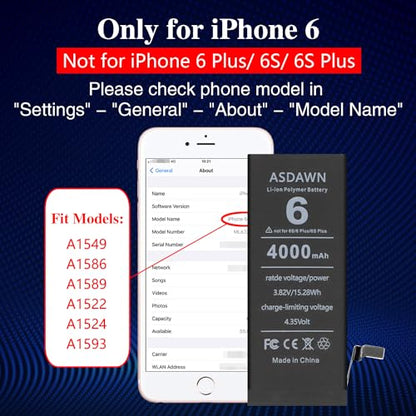 ASDAWN 4000mAh Battery for iPhone 6 (Not for 6s/ 6 Plus/ 6s Plus), Upgraded Higher Capacity iPhone 6 Battery Replacement for A1549 A1586 A1589 A1522 A1524 A1593 with Professional Tools - size: 6, 4000mAh, style: 6
