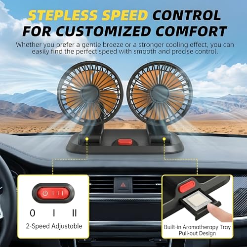 24V Dual-Head Car Fan, Heavy Duty 360° Rotatable Dashboard Fan with 2 Speeds, Powerful Cooling Fan for Truck Bus Semi RV Agricultural Vehicle - color: Dual-24v