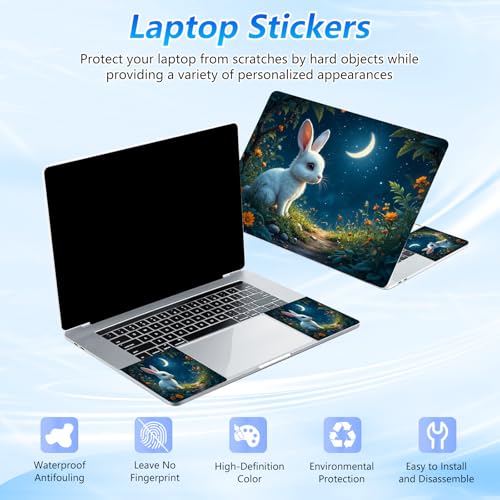 Universal Laptop Skin Sticker Decal with 2 Wrist Pad Skins, Waterproof Scratch Vinyl Cover for 11–15.6 Inch MacBook, HP, Dell, Lenovo, Cutable & Reusable,White Rabbit Moon - color: White Rabbit Moon