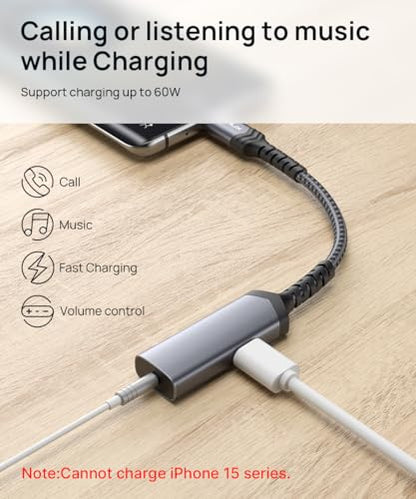 JSAUX USB C to 3.5mm Headphone and Charger Adapter,2-in-1 AUX Mic Jack with PD 60W Fast Charging Earphones, Compatible with iPhone 15 Pro Max/15 Pro/15, Galaxy S24/S23/S22/S21,iPad Pro -Black - color: Black