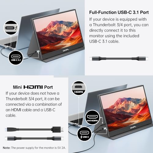 Portable Monitor for Laptop, 15.6-inch FHD 1080P 60Hz IPS Matte Screen, Laptop Screen Extension, USB-C & Mini HDMI, VESA Mount Support, Compatible with PC, MacBook, Switch, PS4/5, Xbox