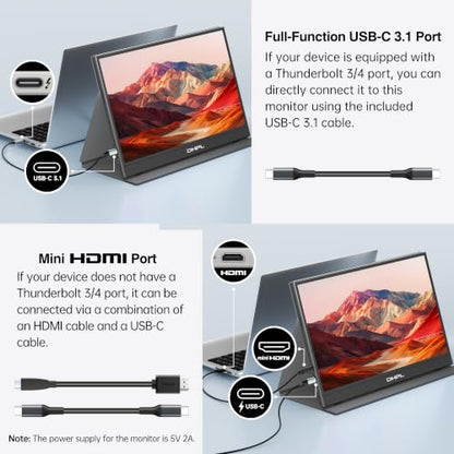 Portable Monitor for Laptop, 15.6-inch FHD 1080P 60Hz IPS Matte Screen, Laptop Screen Extension, USB-C & Mini HDMI, VESA Mount Support, Compatible with PC, MacBook, Switch, PS4/5, Xbox