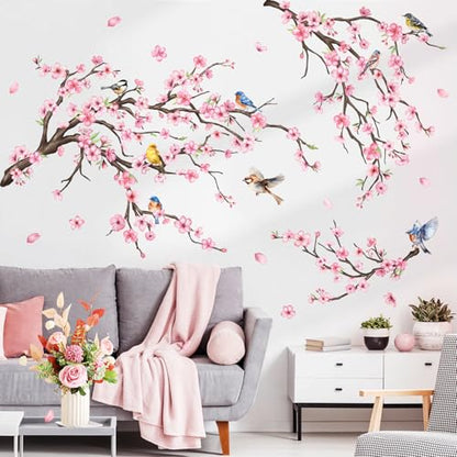 Vinyl Pink Cherry Blossom Trees Wall Decals Birds Peel and Stick Wall Stickers for Bedroom Living Room Bathroom - color: Pink Sakura